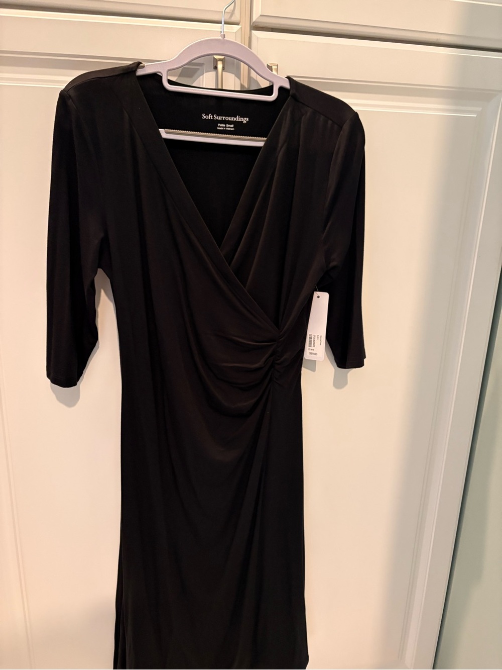 Soft Surroundings Black Faux-Wrap Midi Dress with Side Ruching